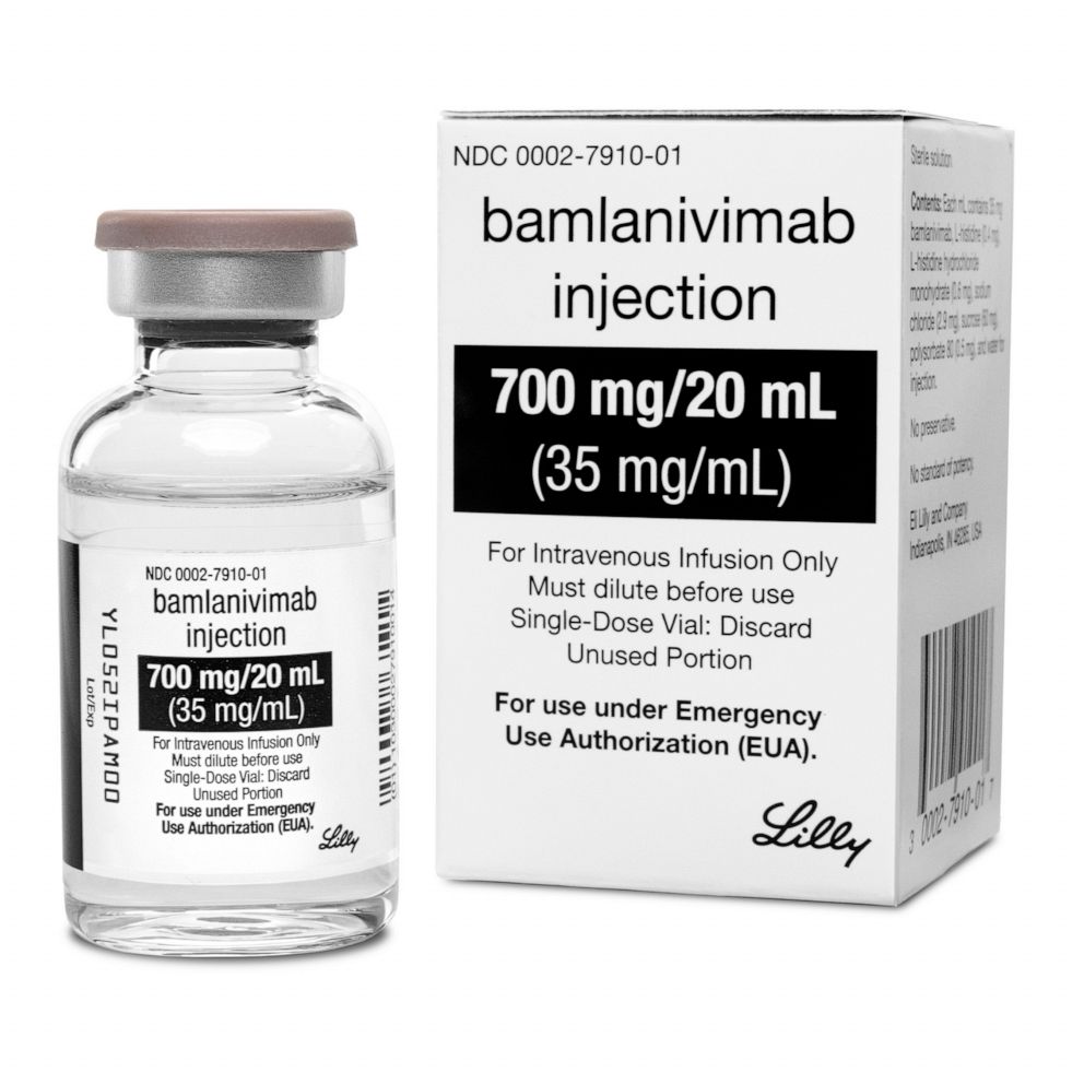 PHOTO: This photo provided by Eli Lilly shows the drug Bamlanivimab. On Nov. 9, 2020, the FDA cleared emergency use of Bamlanivimab, the first antibody drug to help the immune system fight COVID-19.