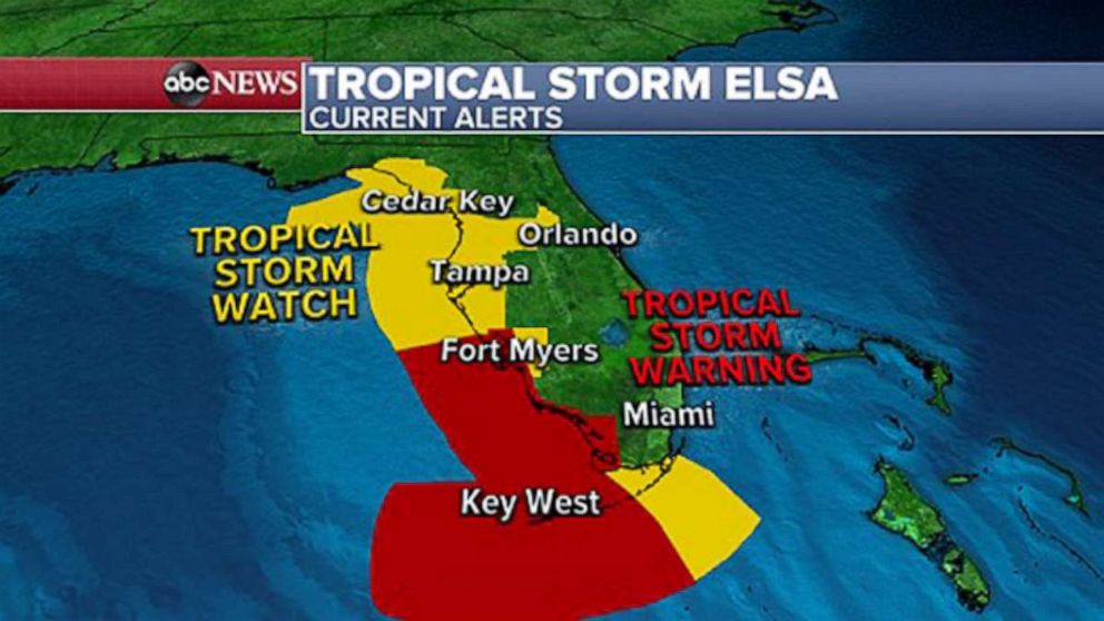 PHOTO: A map of the Florida area shows alerts for tropical storm Elsa.