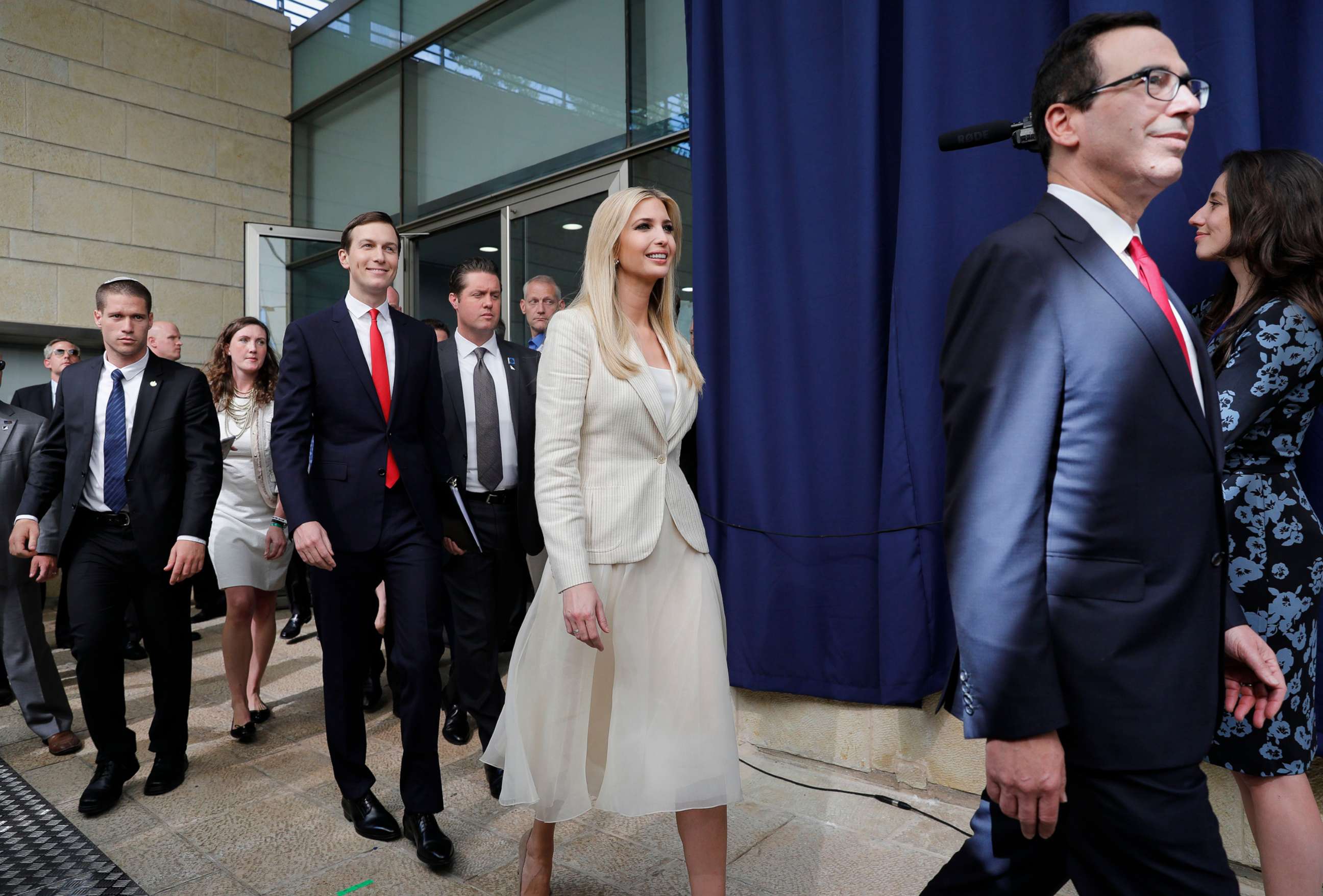 PHOTO: White House senior advisers Jared Kushner, Ivanka Trump, and Treasury Secretary Steven Mnuchin arrive for the opening ceremony at the U.S. consulate that will act as the new embassy in Jerusalem, Israel, May 14, 2018.
