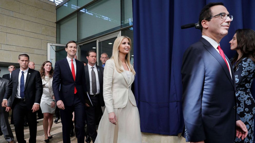 PHOTO: White House senior advisers Jared Kushner, Ivanka Trump, and Treasury Secretary Steven Mnuchin arrive for the opening ceremony at the U.S. consulate that will act as the new embassy in Jerusalem, Israel, May 14, 2018.