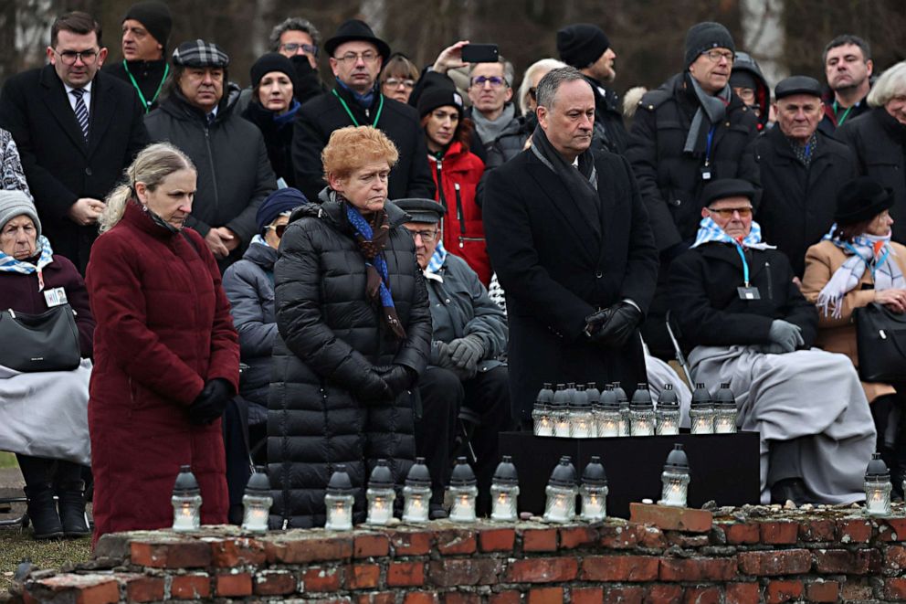 PHOTO: The second gentleman Douglas Emhoff, right, Holocaust survivors and their relatives take part in the 78th anniversary of liberation of Nazi Germany's Auschwitz-Birkenau death camp in Oswiecim, Poland on Jan. 27, 2023.