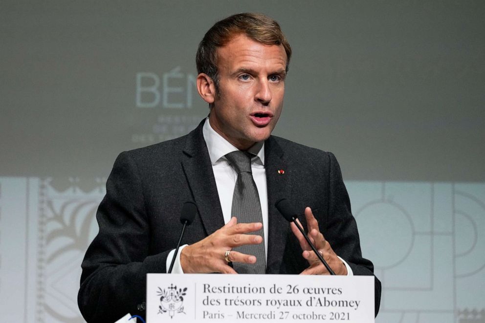 PHOTO: French President Emmanuel Macron delivers his speech at the Quai Branly museum, Oct. 27, 2021 in Paris.