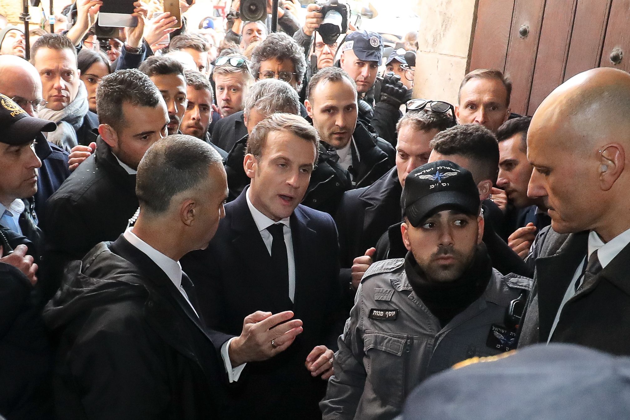 PHOTO: French President Emmanuel Macron asks the Israeli police to leave the 12th-century Church of Saint Anne in the old city of Jerusalem on Jan. 22, 2020.