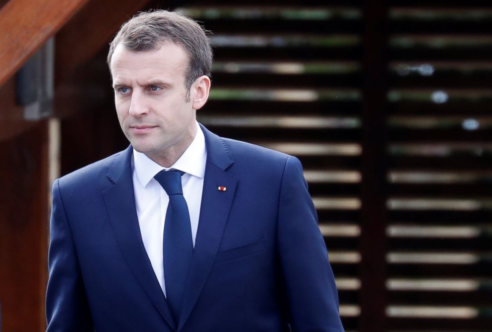 PHOTO: French President Emmanuel Macron arrives at an elementary school to attend a one-hour interview with French news channel TF1, in Berd'huis, France, April 12, 2018.