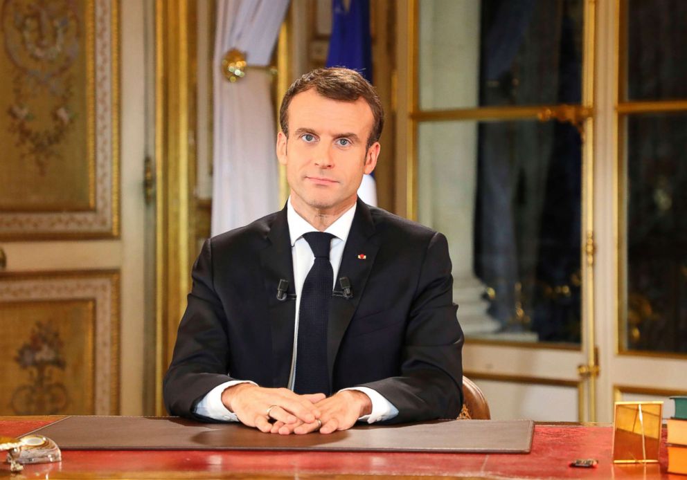 PHOTO: French President Emmanuel Macron speaks during a special address to the nation, his first public comments after four weeks of nationwide 'yellow vest' (gilet jaune) protests, on Dec. 10, 2018, at the Elysee Palace in Paris.