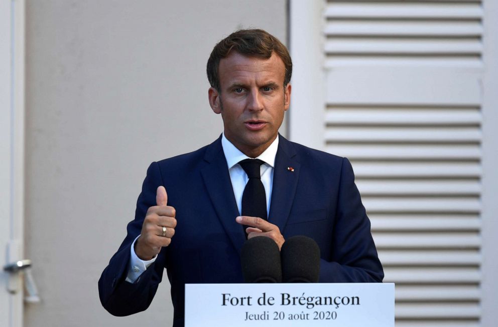 PHOTO: French President Emmanuel Macron speaks at a press conference after a meeting with German Chancellor Angela Merkel at Fort de Bregancon in Bormes-les-Mimosas, France, Aug. 20, 2020.