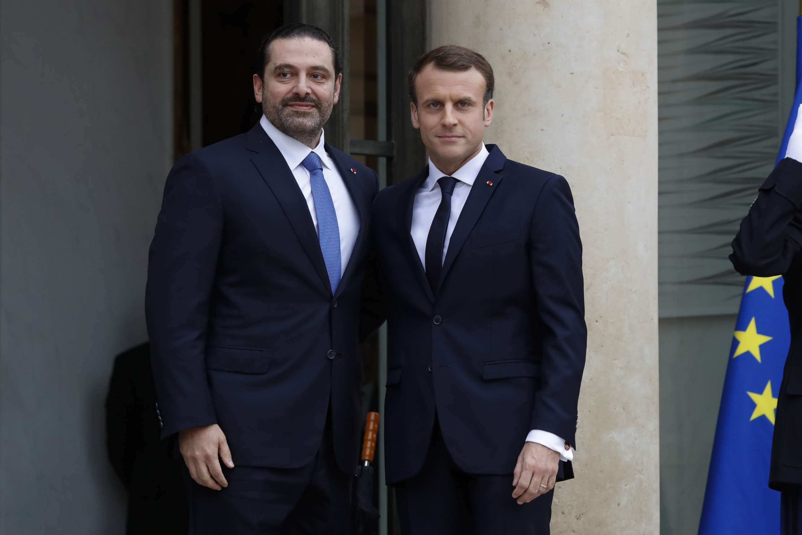 PHOTO: French President Emmanuel Macron welcomes Lebanese Prime Minister Saad Hariri at the Elysee Presidential Palace, Nov. 18, 2017 in Paris. 