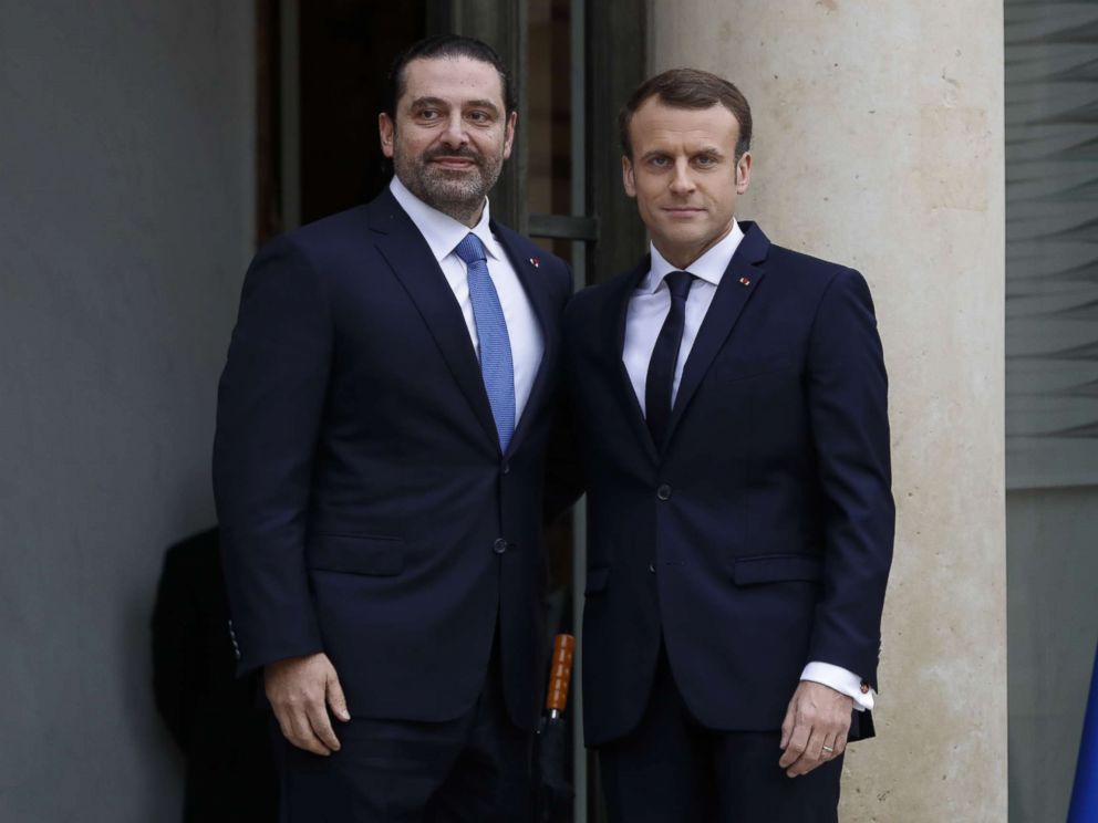 PHOTO: French President Emmanuel Macron welcomes Lebanese Prime Minister Saad Hariri at the Elysee Presidential Palace, Nov. 18, 2017 in Paris.