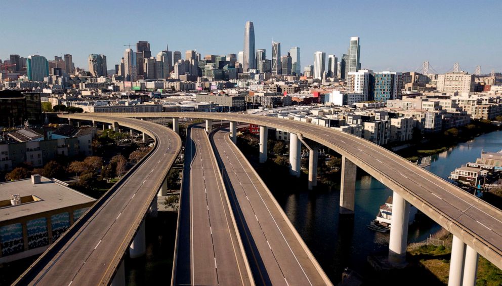 PHOTO: An interstate highway sits empty in San Francisco on April 1, 2020. California residents were ordered to stay at home in an effort to battle the coronavirus pandemic in the nation's most populous state.
