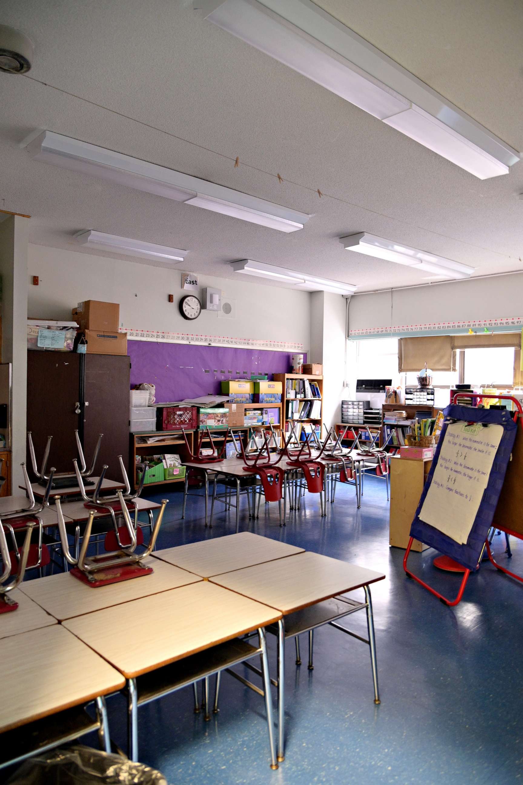 PHOTO:A classroom is empty on what would otherwise be a school day as teachers and faculty members learn remote teaching and methods for students at Yung Wing School P.S. 124, in the Manhattan borough of New York City, because of the coronavirus pandemic.