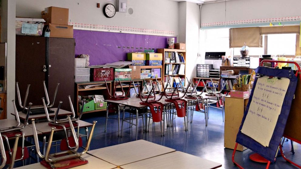 PHOTO:A classroom is empty on what would otherwise be a school day as teachers and faculty members learn remote teaching and methods for students at Yung Wing School P.S. 124, in the Manhattan borough of New York City, because of the coronavirus pandemic.