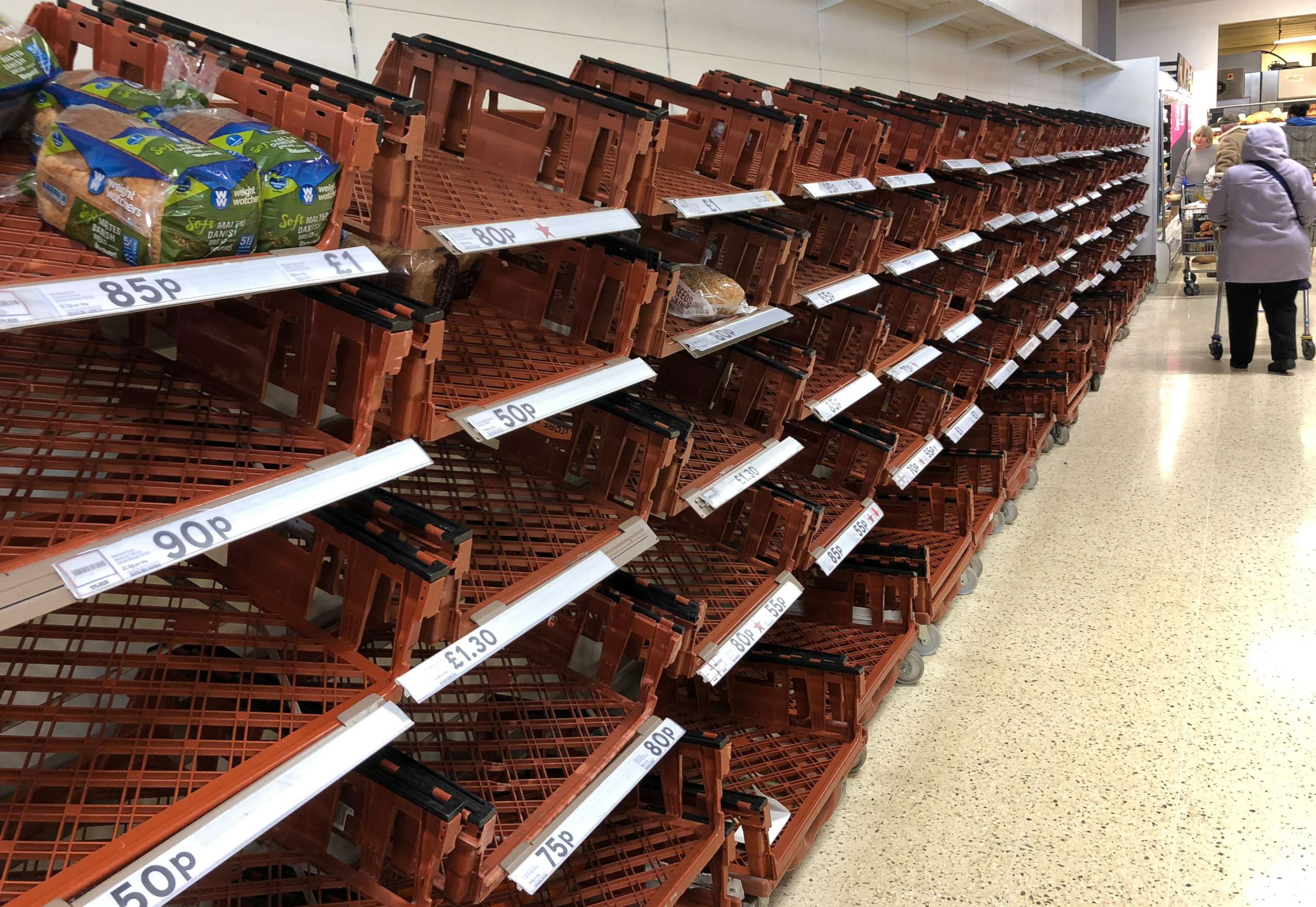 PHOTO: Empty bread shelves are pictured in a  supermarket in Bath on March 3, 2018 in Somerset, England.