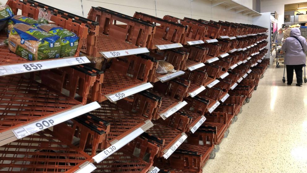 PHOTO: Empty bread shelves are pictured in a  supermarket in Bath on March 3, 2018 in Somerset, England.