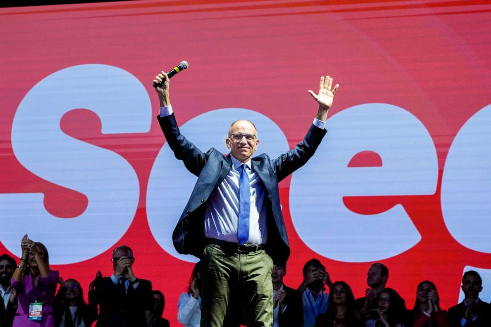 PHOTO: Democratic Party leader Enrico Letta speaks at the party's final rally ahead of Sunday's election in Rome, on Sept. 23, 2022.
