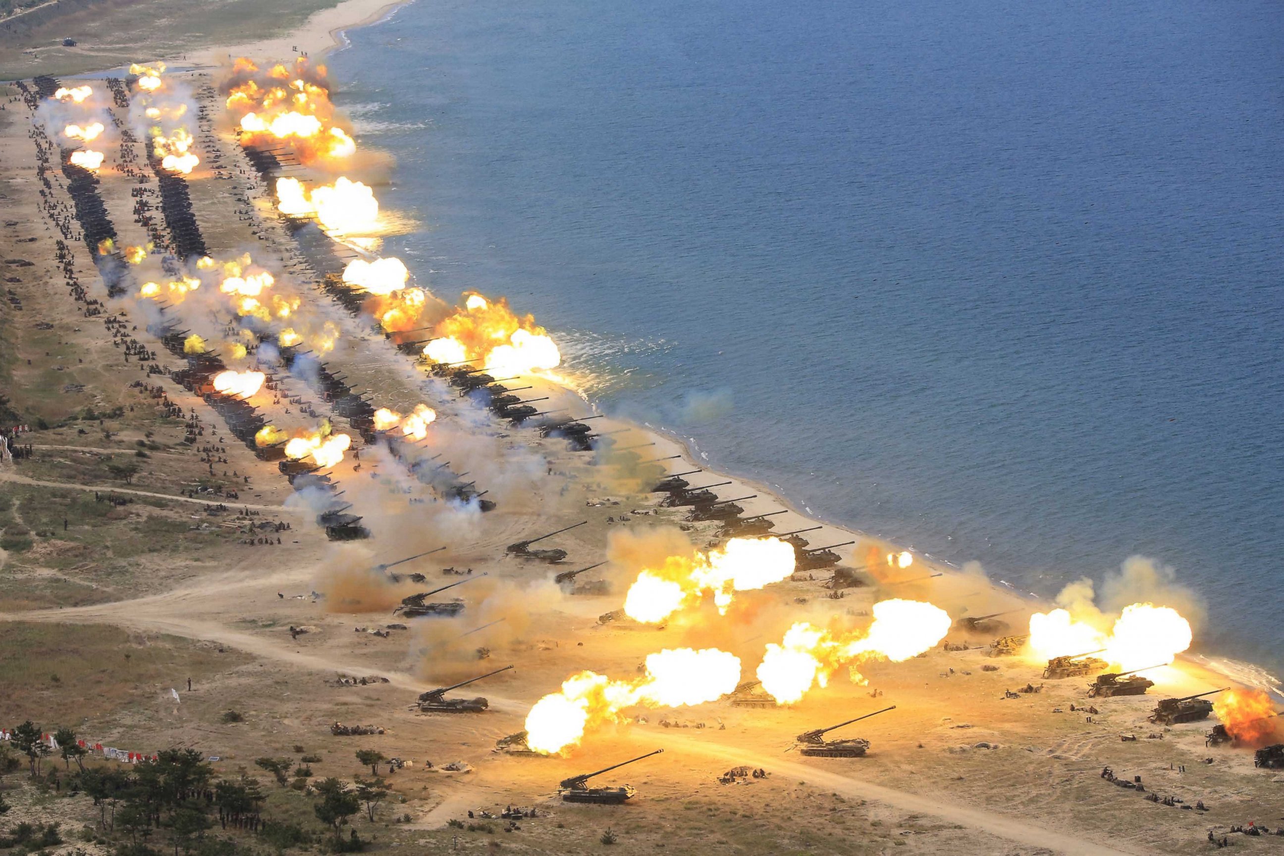 PHOTO: A photograph released by the Korean Central News Agency April 26, 2017 shows the combined fire demonstration of the services of the Korean People's Army in celebration of its 85th founding, at an undisclosed location in North Korea.