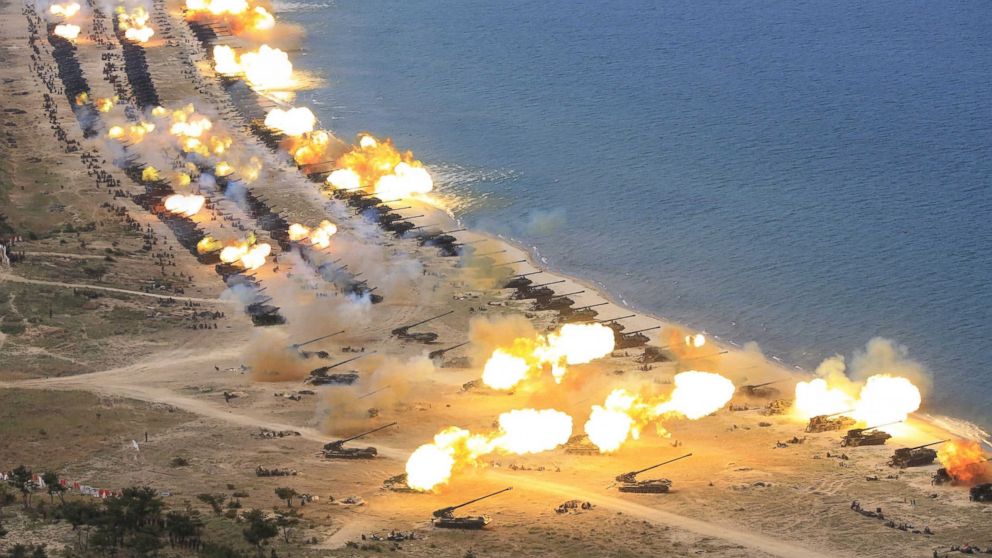 PHOTO: A photograph released by the Korean Central News Agency April 26, 2017 shows the combined fire demonstration of the services of the Korean People's Army in celebration of its 85th founding, at an undisclosed location in North Korea.