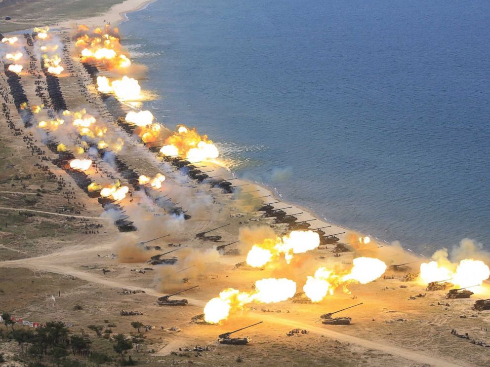 PHOTO: A photograph released by the Korean Central News Agency April 26, 2017 shows the combined fire demonstration of the services of the Korean Peoples Army in celebration of its 85th founding, at an undisclosed location in North Korea.
