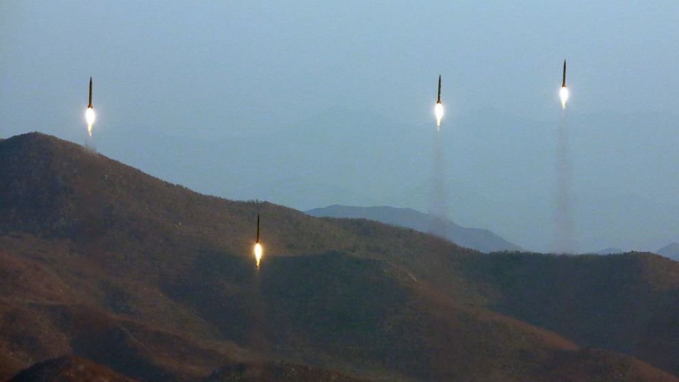 PHOTO: An undated photo made available by the North Korean Central News Agency on March 7, 2017, shows four projectiles during a ballistic rocket launching drill at an undisclosed location in North Korea.