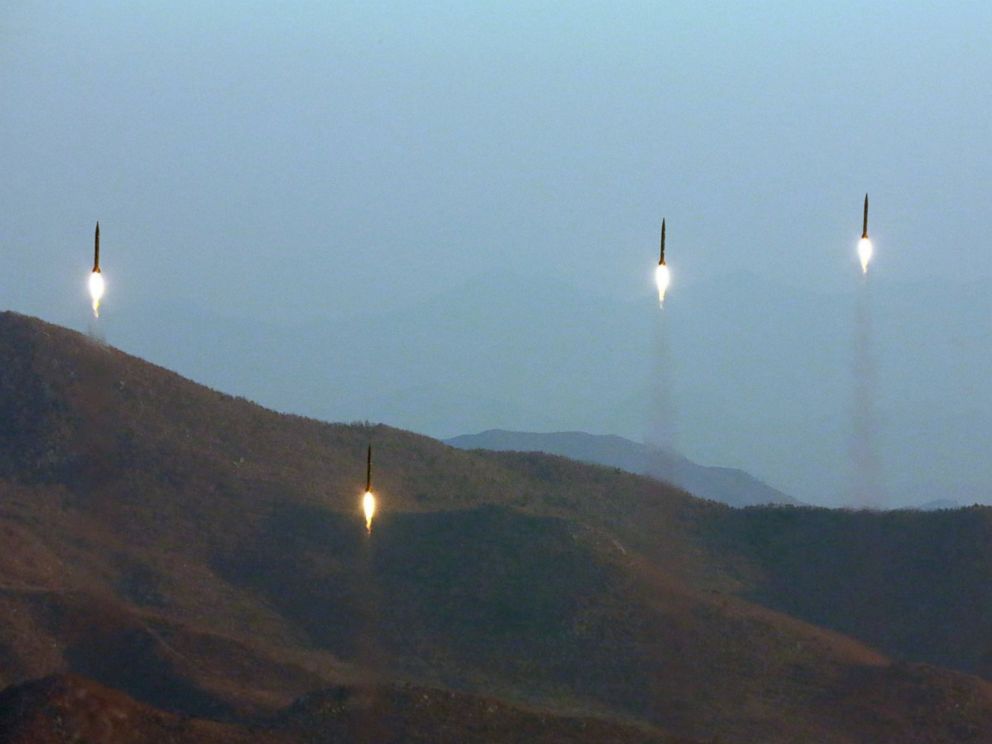 PHOTO: An undated photo made available by the North Korean Central News Agency on March 7, 2017, shows four projectiles during a ballistic rocket launching drill at an undisclosed location in North Korea.