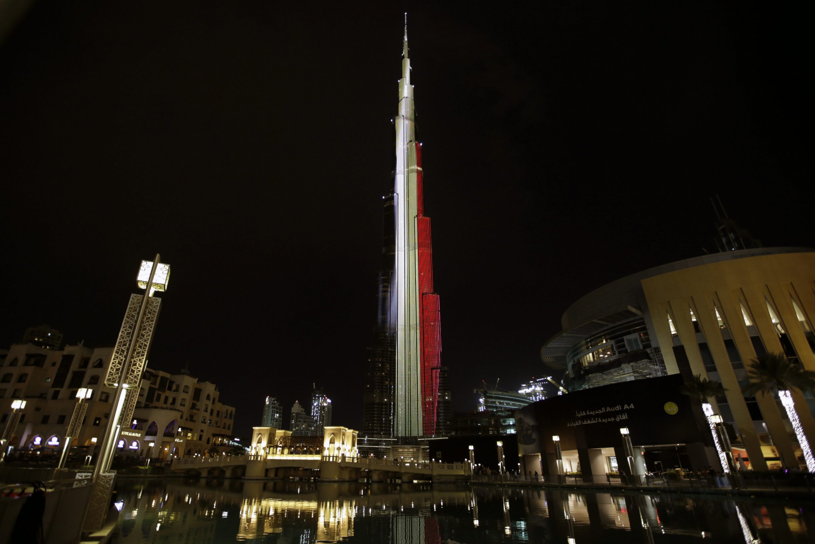 PHOTO: The Burj Khalifa in Dubak, United Arab Emirates, is illuminated in the colours of the Belgian flag to show solidarity after the terrorist operations in Brussels, March 22, 2016.