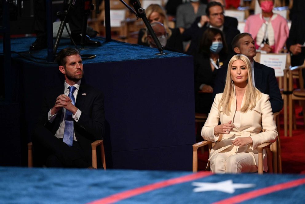 PHOTO: Eric Trump and Senior Advisor to the President Ivanka Trump arrive for the first presidential debate between President Donald Trump and Democratic presidential nominee Joe Biden at Case Western Reserve University on Sept. 29, 2020, in Cleveland.