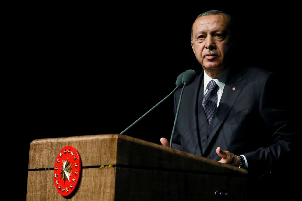 PHOTO: Turkish President Tayyip Erdogan speaks during a meeting in Ankara, Turkey, Oct. 24, 2018. 