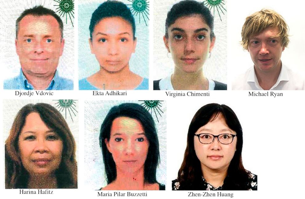 PHOTO: In this combo from pictures made available by the World Food Program, March 11, 2019. Djordje Vdovic, Ekta Adhikari, Virginia Chimenti, Michael Ryan, Harina Hafitz, Maria Pilar Buzzetti, Zhen-Zhen Huang.