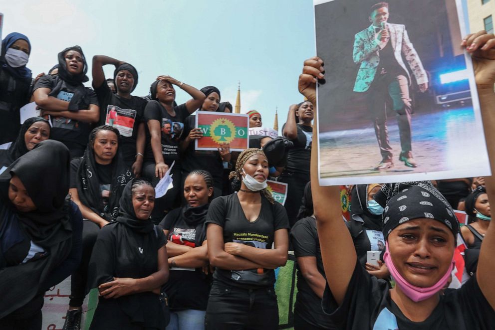 PHOTO: Members of the Oromo Ethiopian community in Lebanon take part in a demonstration to protest the death of musician and activist Hachalu Hundessa, in Beirut, on July 5, 2020.