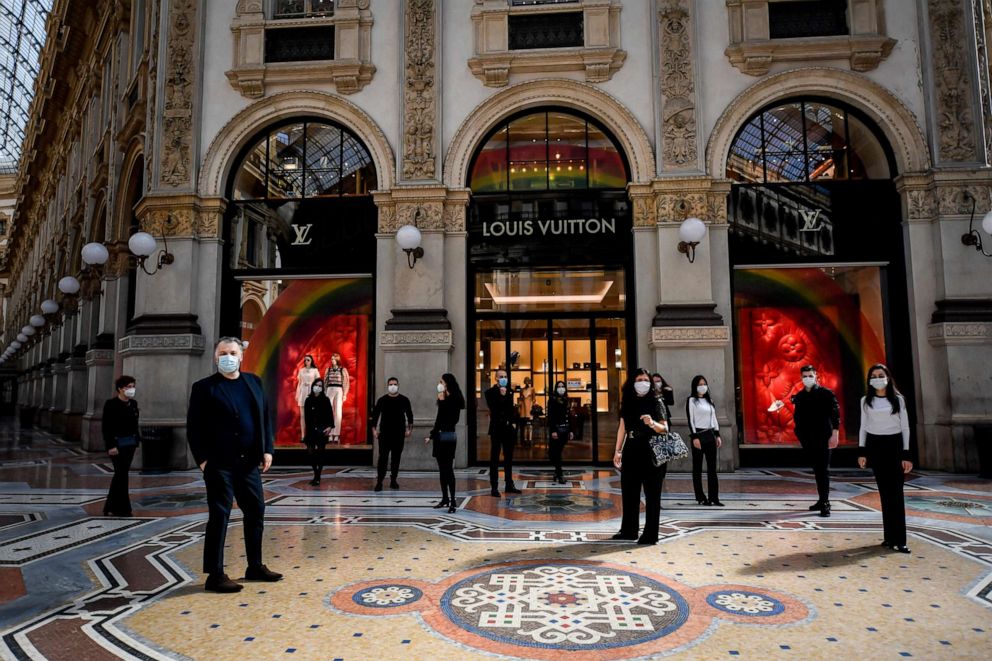 PHOTO: Market vendors protest rules that do not allow them to restart their activity, at the Galleria Vittorio Emanuele II shopping arcade in Milan, Italy, May 18, 2020.