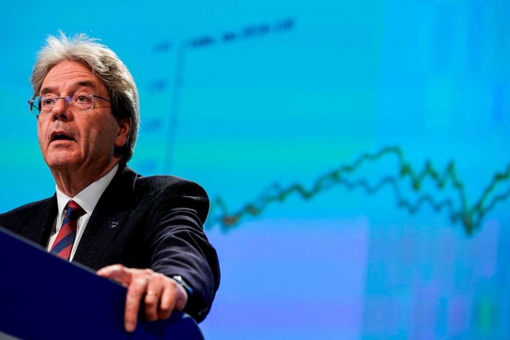 PHOTO: European Commissioner for Economic and Financial Affairs Paolo Gentiloni speaks during a media conference on the economy at the European Union headquarters in Brussels on May 6, 2020.