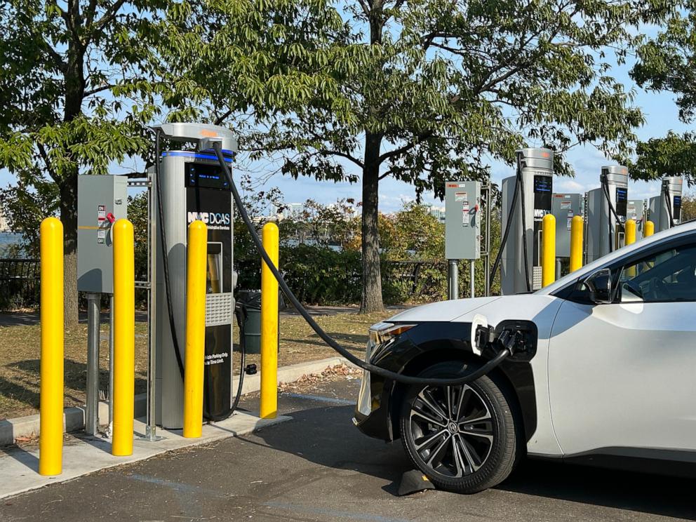 PHOTO: NYCDCAS Electric Car Charging Stations filled with EV cars charging, Worlds Fair Marina parking lot near CitiField Stadium, Queens, New York.