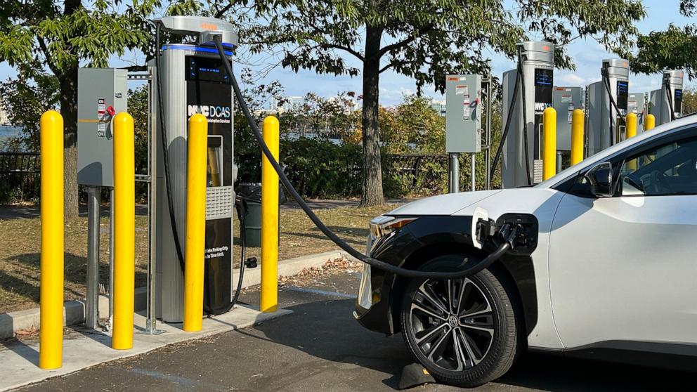 PHOTO: NYCDCAS Electric Car Charging Stations filled with EV cars charging, Worlds Fair Marina parking lot near CitiField Stadium, Queens, New York.