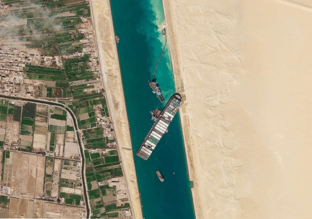 PHOTO: The Ever Given container ship is seen stranded in Egypt's Suez Canal in this March, 28, 2021 satellite image from Planet Labs, Inc.