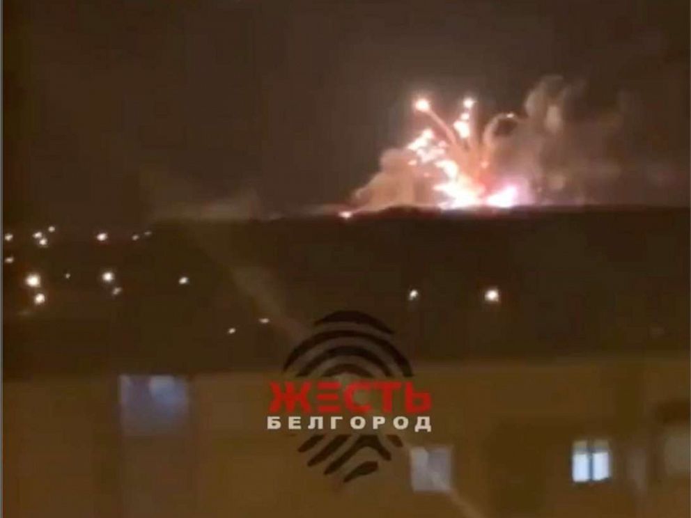 PHOTO: Verified video circulating online shows an explosion in Krasny Oktyabr, about 19 miles southwest of Belgorod, Russia, on March 29, 2022. The cause of the blast was unknown.