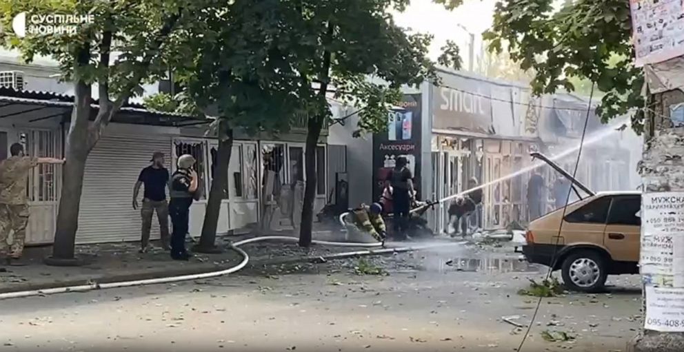 PHOTO: Emergency services work at the site of a strike on a busy market in Kostyantynivka, Ukraine on Sept. 6, 2023.