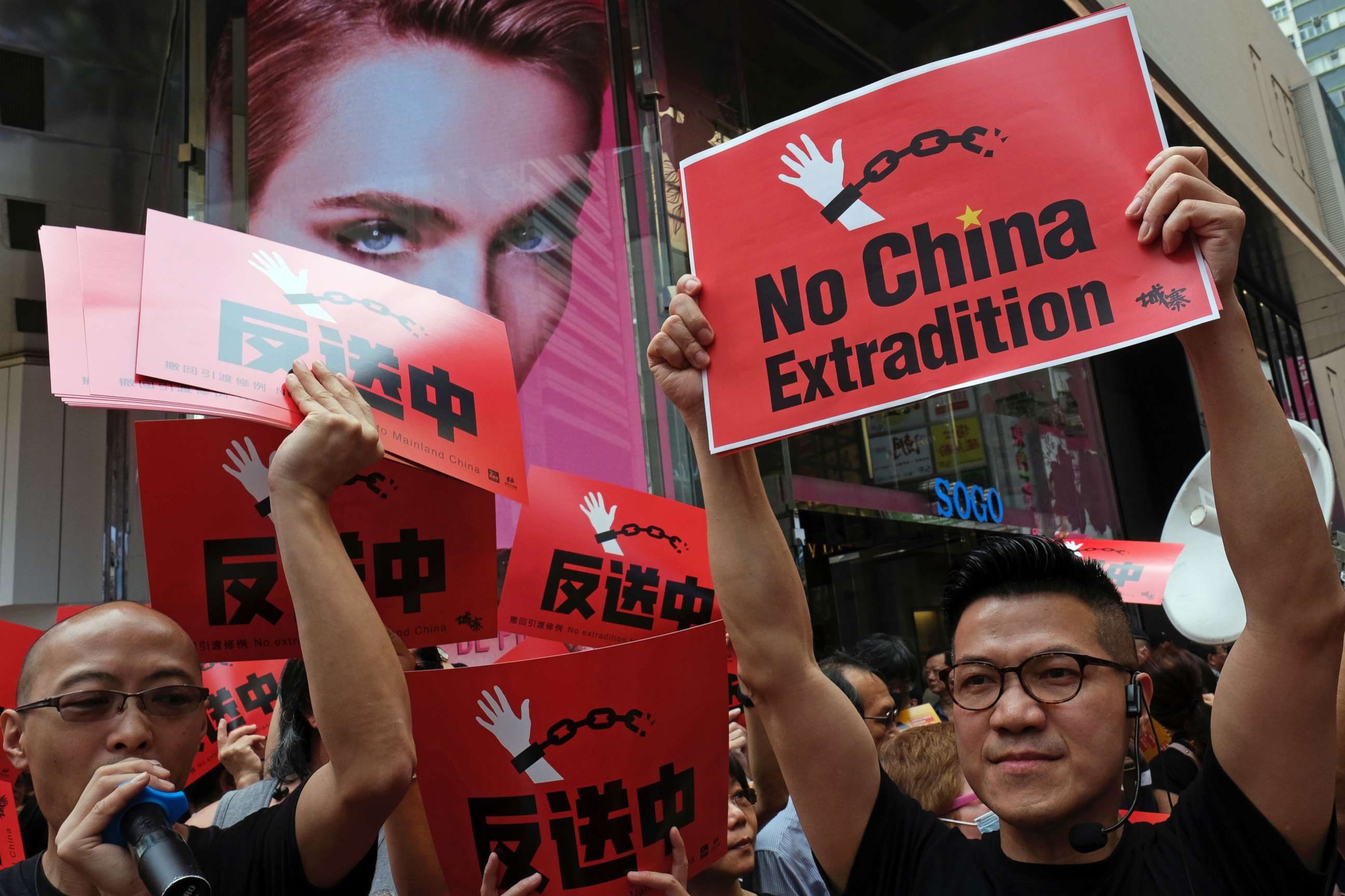 PHOTO: Demonstrators march during a protest to demand authorities scrap a proposed extradition bill with China, in Hong Kong, China, April 28, 2019. 