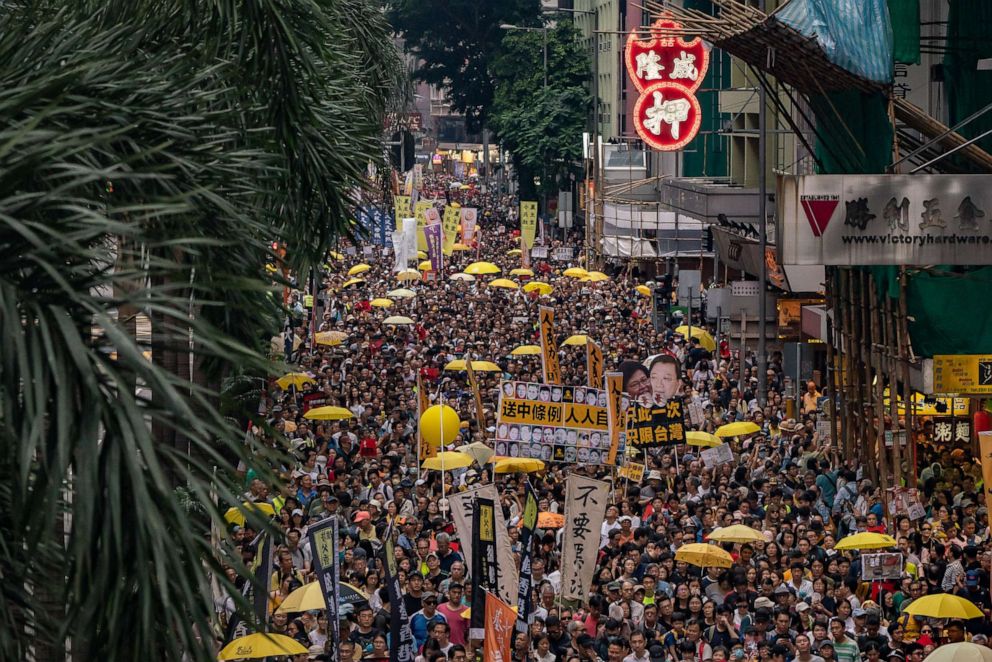 PHOTO: Demonstrators take part in a protest against the proposed extradition law, April 28, 2019 in Hong Kong, China. 