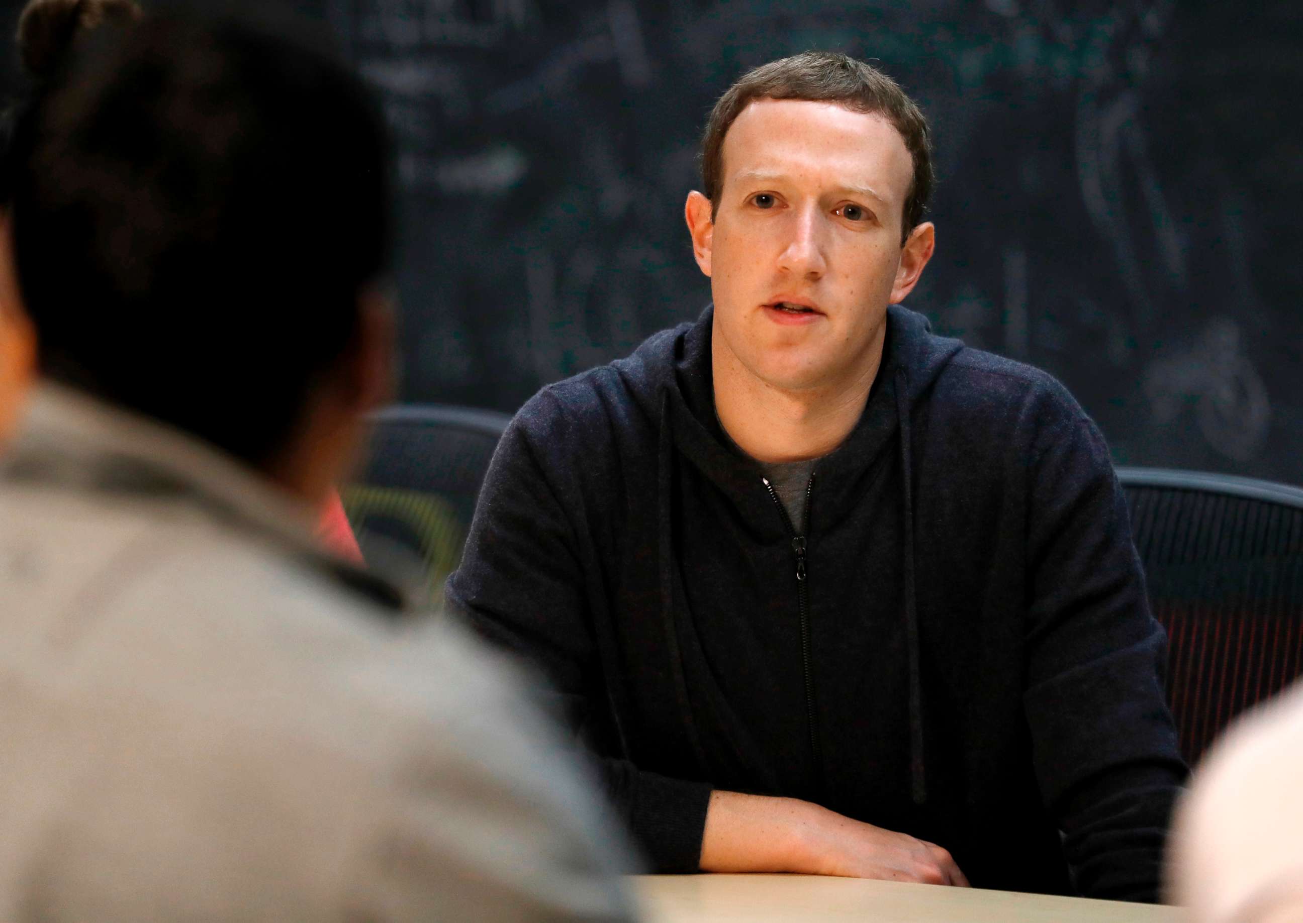 PHOTO: In this Nov. 9, 2017, file photo, Facebook CEO Mark Zuckerberg meets with a group of entrepreneurs and innovators during a round-table discussion in St. Louis.