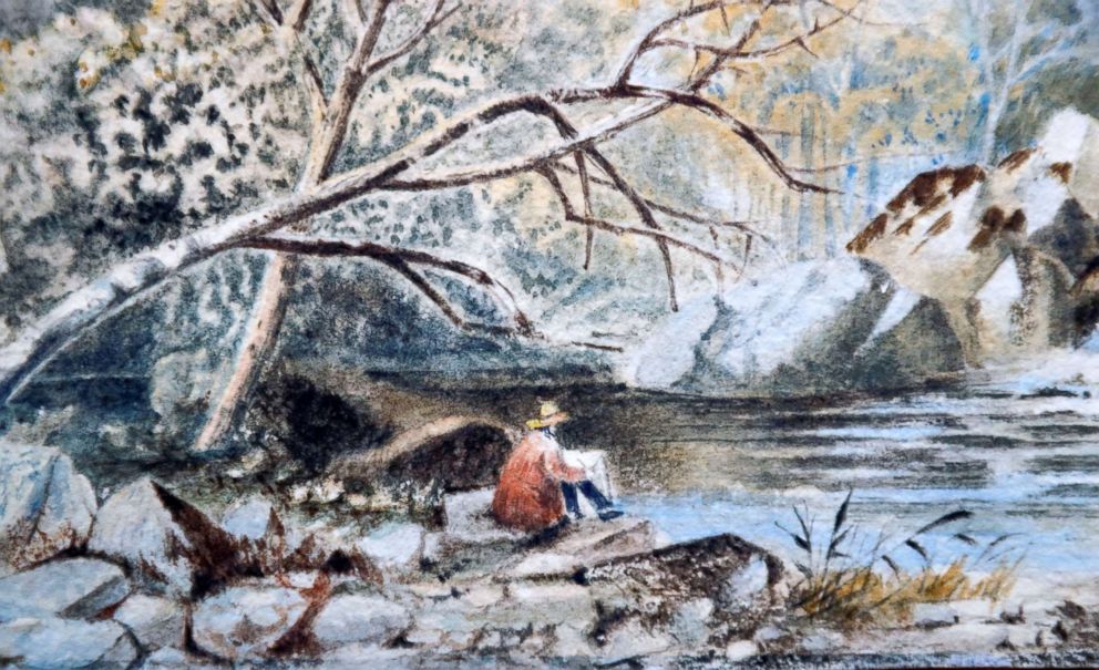 PHOTO: A detail from a watercolor of an unknown landscape attributed to former German dictator Adolf Hitler is pictured before an auction at Kloos house in Berlin, Jan. 24, 2019.