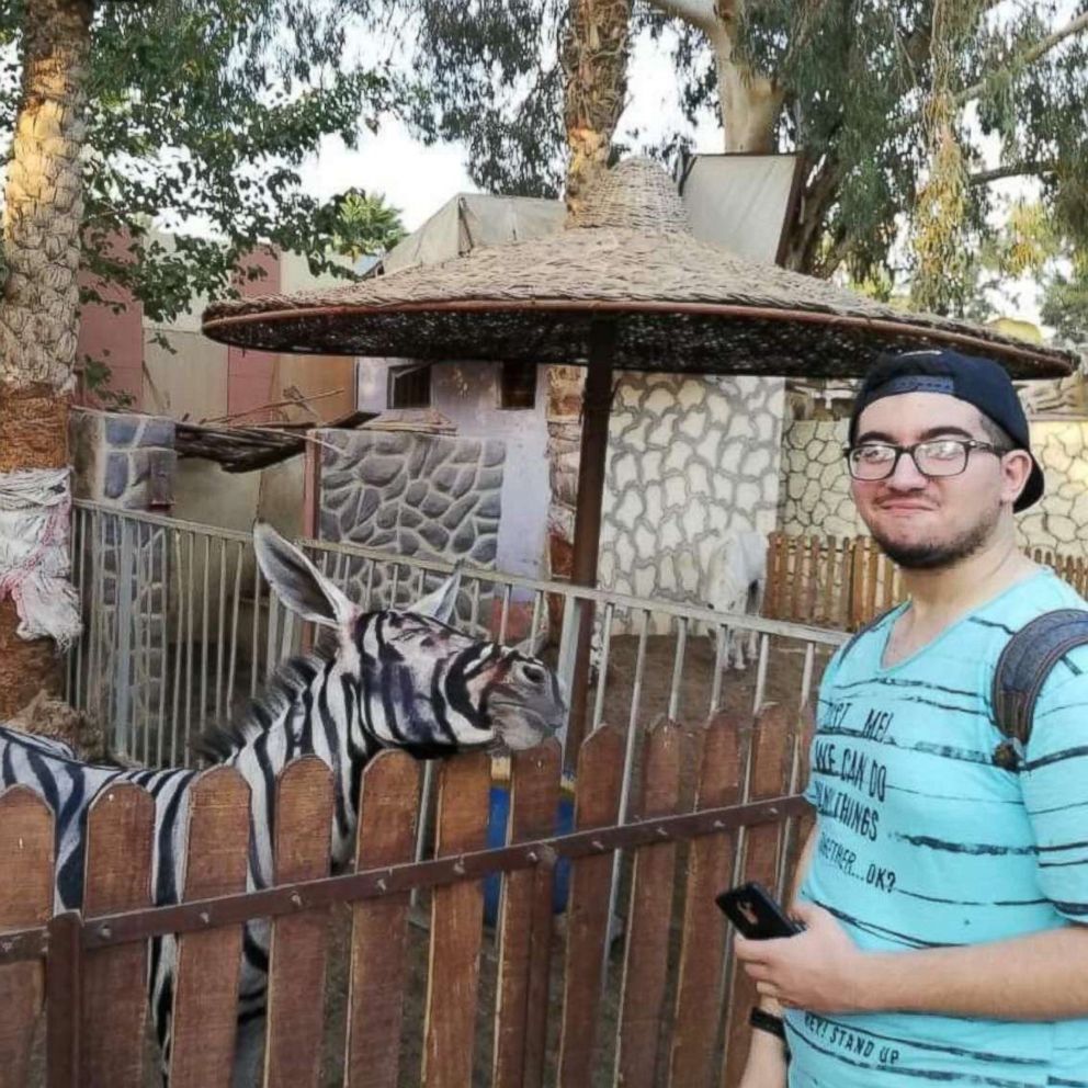 PHOTO: Zoo visitor Mahmoud Sarhan posted a photo on Facebook on July 21, 2018, showing him posing with what he said was a donkey painted to look like a zebra at Cairo's International Garden public park.