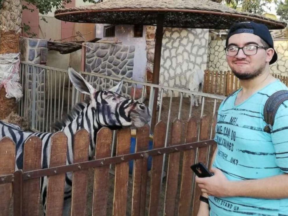 PHOTO: Zoo visitor Mahmoud Sarhan posted a photo on Facebook on July 21, 2   018, showing him posing with what he said was a donkey painted to look like a zebra at Cairos International Garden public park.