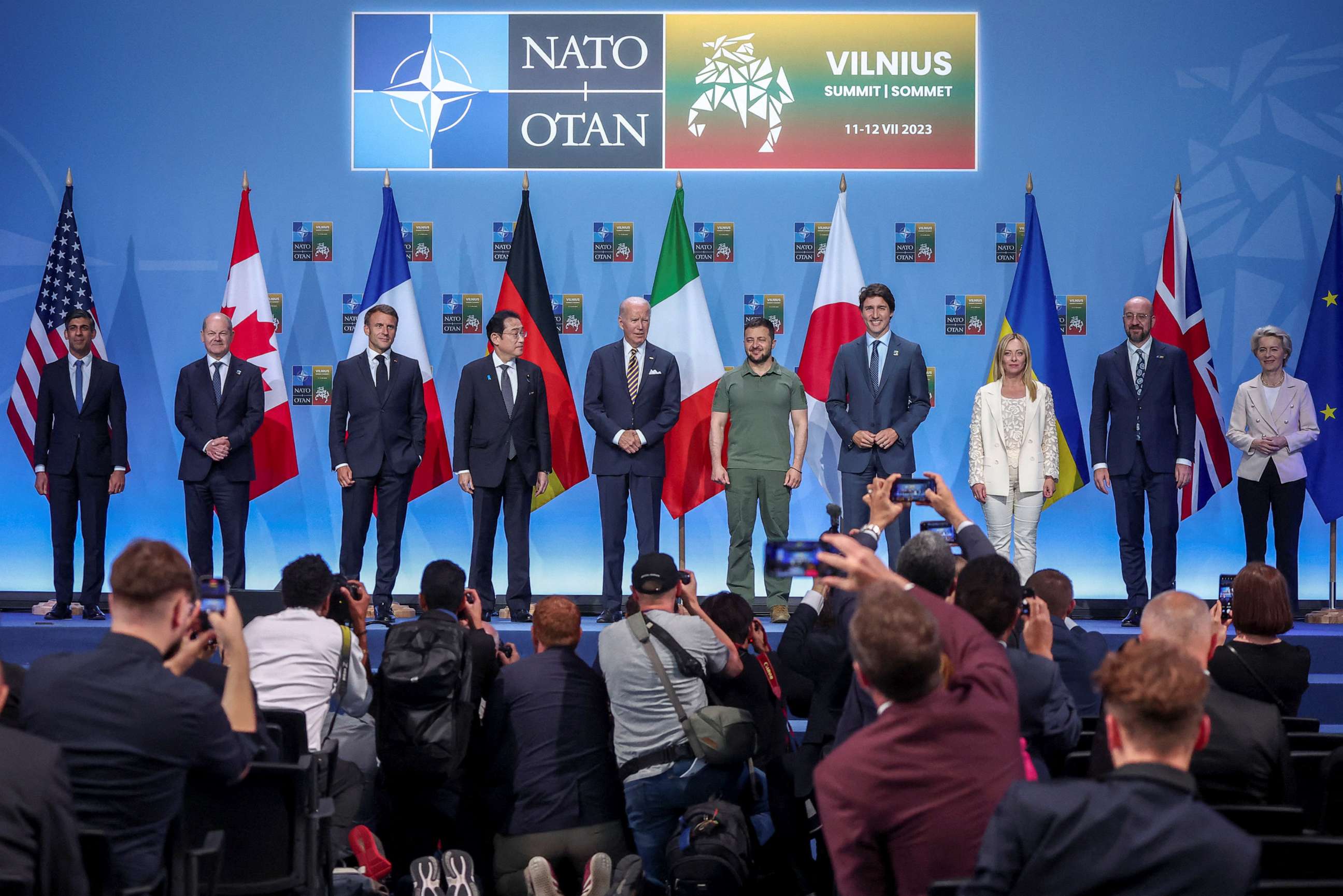 PHOTO: G7 leaders, including President Joe Biden and Ukraine's President Volodymyr Zelenskyy pose for a family photo during an event to announce a joint declaration of support to Ukraine, as the NATO summit is held in Vilnius, Lithuania, July 12, 2023.