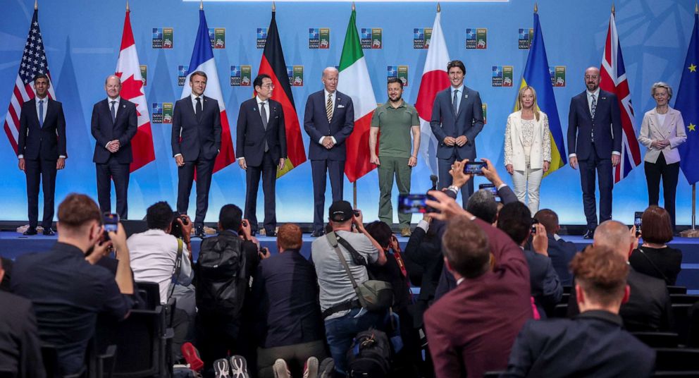 PHOTO: G7 leaders, including President Joe Biden and Ukraine's President Volodymyr Zelenskyy pose for a family photo during an event to announce a joint declaration of support to Ukraine, as the NATO summit is held in Vilnius, Lithuania, July 12, 2023.