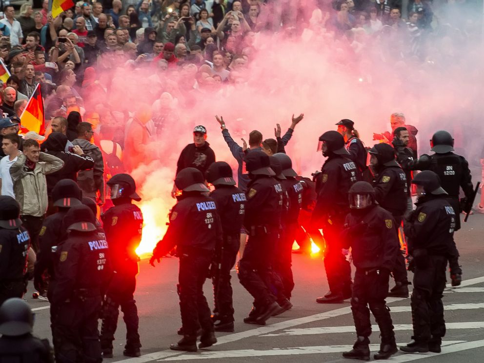 PHOTO: Protesters light fireworks during a far-right demonstration in Chemnitz, Germany, Aug. 27, 2018.