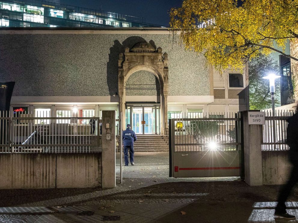 PHOTO: A stone arch, one of only two remains of the original architecture of the Fasanenstrasse synagogue decorates a Jewish Community Center in Fasanenstrasse street in Berlin, Nov. 7, 2018.