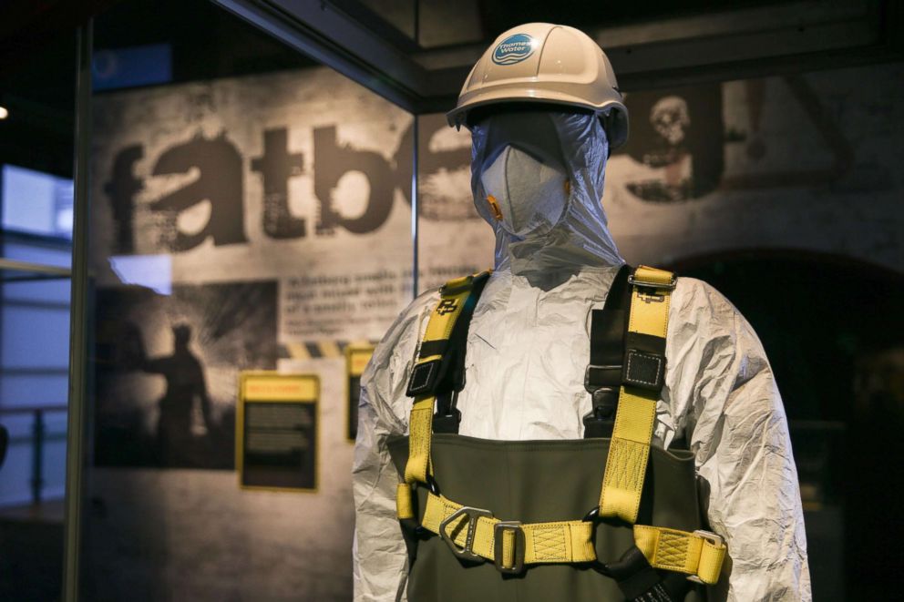 PHOTO: A sewage worker uniform is seen on display at the Fatberg exhibition at the Museum of London, Feb. 8, 2018. 