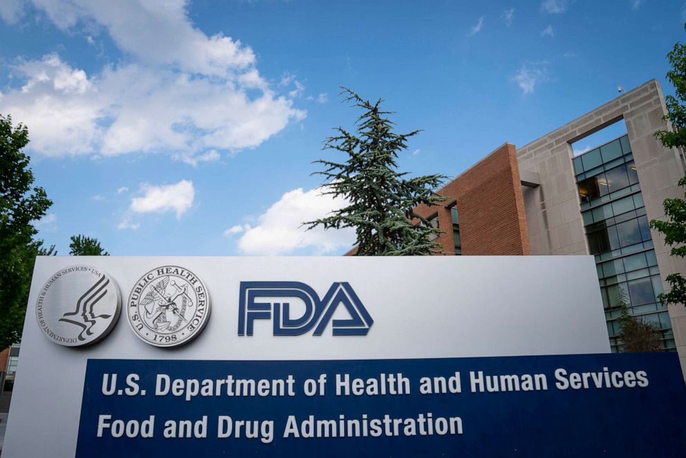 PHOTO: A sign for the Food And Drug Administration is seen outside of the headquarters, July 20, 2020, in White Oak, Md.