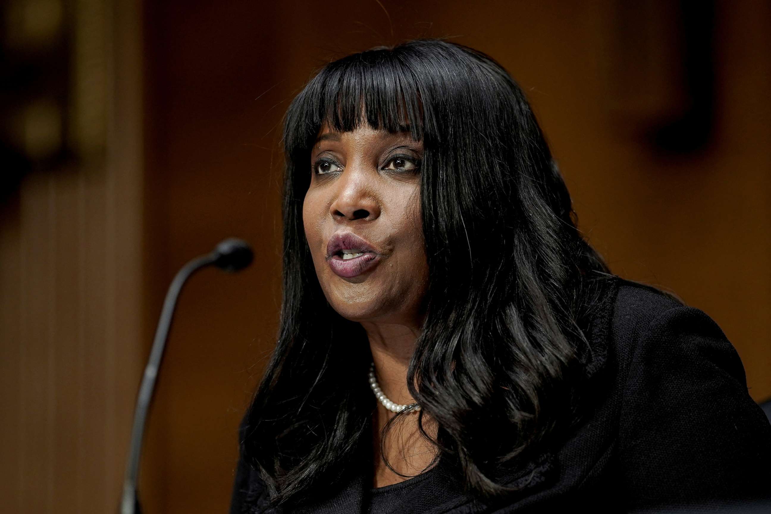 PHOTO: Dr. Lisa DeNell Cook speaks before a Senate Banking, Housing and Urban Affairs Committee confirmation hearing on Capitol Hill in Washington, Feb, 3, 2022.