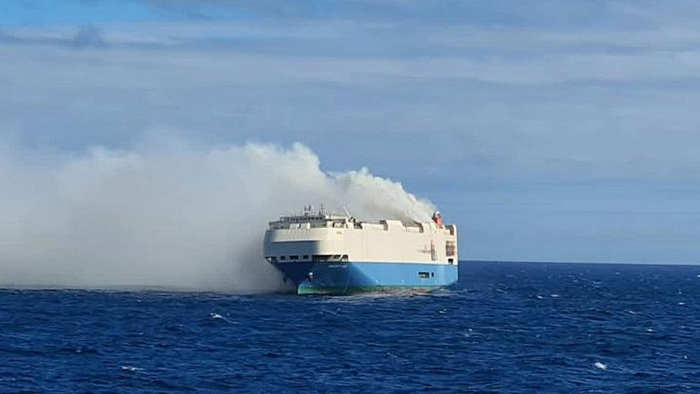 Abandoned cargo ship carrying more than 1,000 luxury cars is burning in the Atlantic