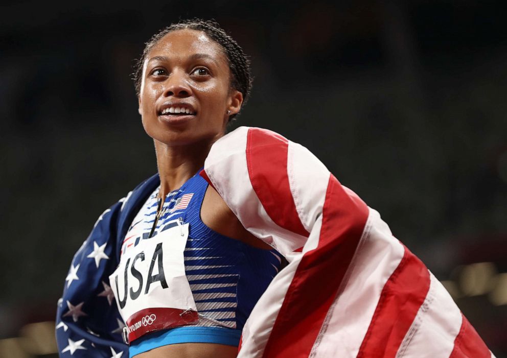 PHOTO: Allyson Felix of Team United States reacts after winning the gold medal in the Women' s 4 x 400m Relay Final on day fifteen of the Tokyo 2020 Olympic Games at Olympic Stadium on Aug. 7, 2021 in Tokyo, Japan.